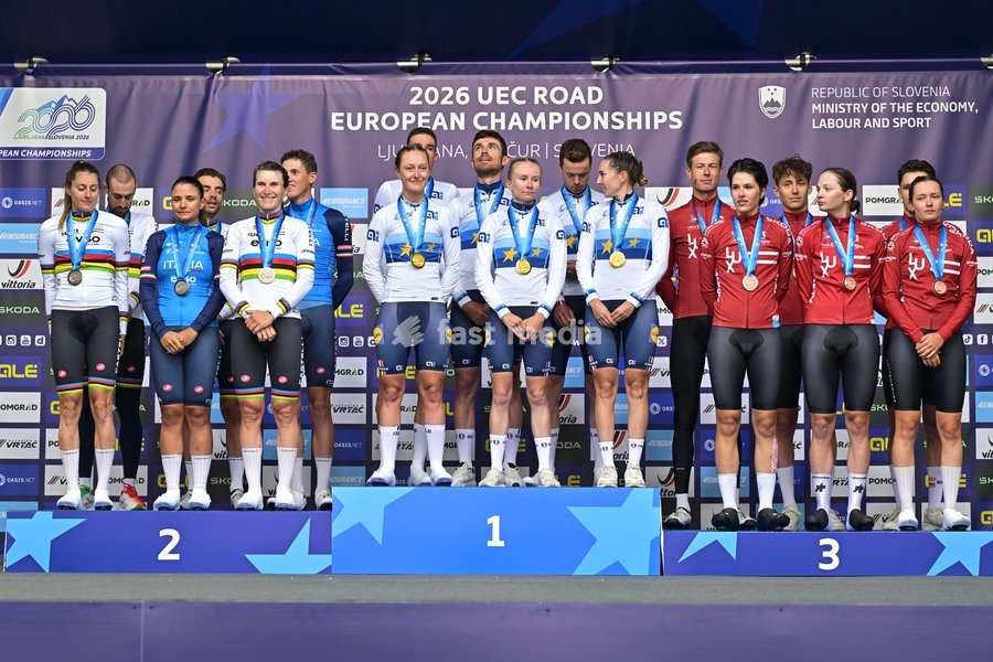 Team Italy, Team France and Team Luxembourg celebrate on the podium of the time trial mixed relay elite race (44,2 km) at the cycling UEC Road European Championships, in Ljubljana, Slovenia Tuesday 6 October 2026. The UEC Road European Championships are taking place from 02 to 07 October in…