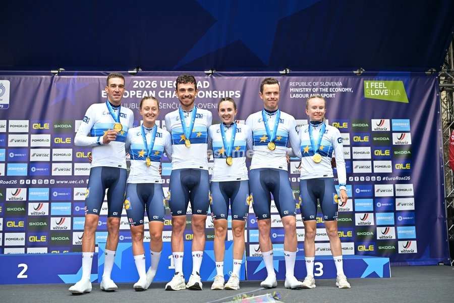 Team France celebrates on the podium after winning the time trial mixed relay elite race (44,2 km) at the cycling UEC Road European Championships, in Ljubljana, Slovenia Tuesday 6 October 2026. The UEC Road European Championships are taking place from 02 to 07 October in Ljubljana, Slovenia