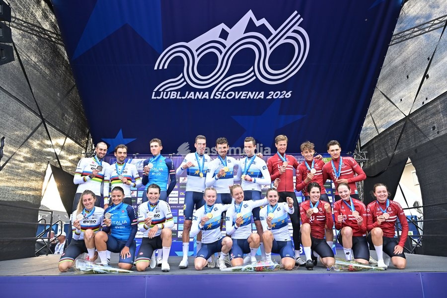 Team Italy, Team France and Team Luxembourg celebrate on the podium of the time trial mixed relay elite race (44,2 km) at the cycling UEC Road European Championships, in Ljubljana, Slovenia Tuesday 6 October 2026. The UEC Road European Championships are taking place from 02 to 07 October in…