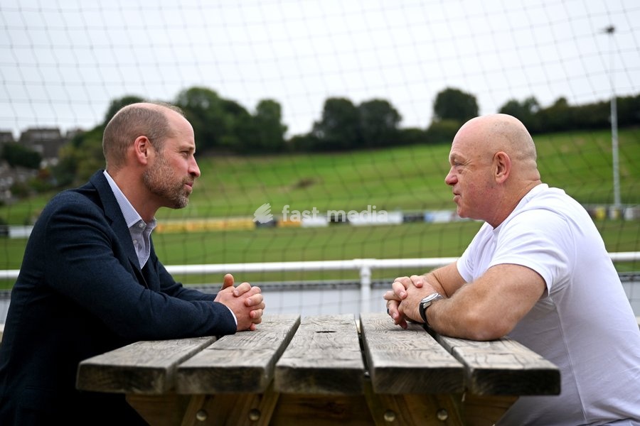 ILMINSTER, ENGLAND - OCTOBER 06: Prince William, Prince of Wales and Ross Kemp speak during his visit to the launch of the National Emergency Trust's "Ready Together" Toolkiton October 06, 2026 in Ilminster, England. The Prince of Wales visited Ilminster in Somerset to learn about communities…