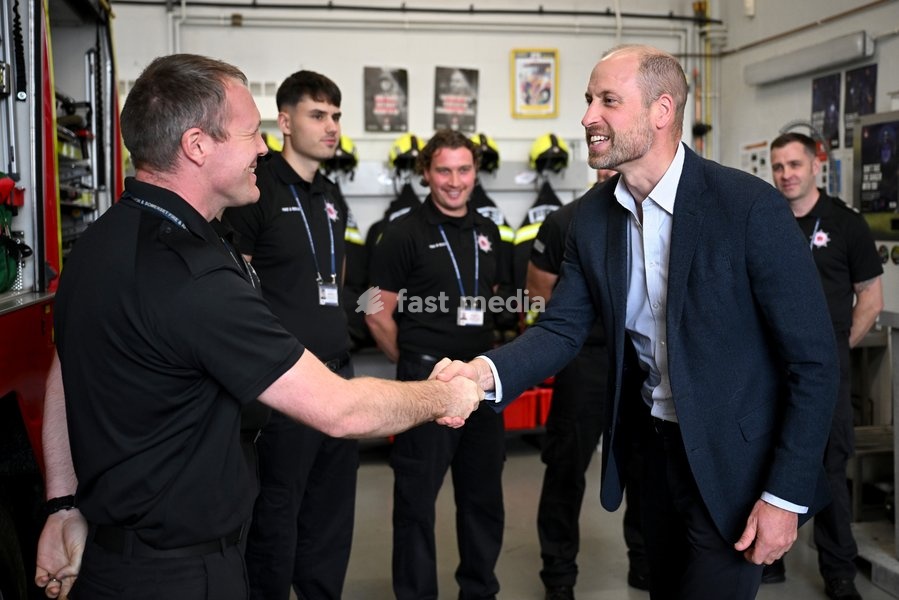 ILMINSTER, ENGLAND - OCTOBER 06: Prince William, Prince of Wales shakes hands with members of the Devon and Somerset Fire and Rescue Service during his visit to Ilminster Fire Station on October 06, 2026 in Ilminster, England. The Prince of Wales visited Ilminster in Somerset to learn about…