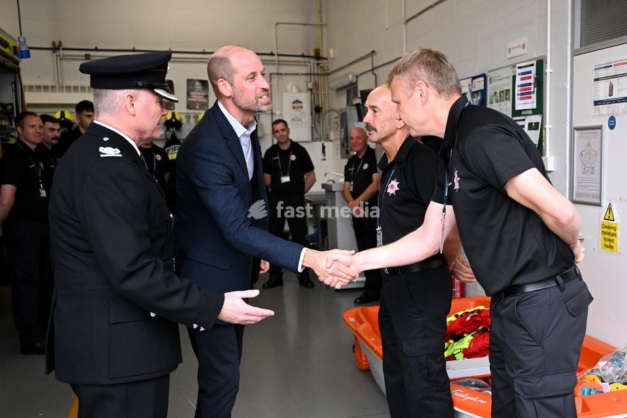 ILMINSTER, ENGLAND - OCTOBER 06: Prince William, Prince of Wales shakes hands with members of the Devon and Somerset Fire and Rescue Service during his visit to Ilminster Fire Station on October 06, 2026 in Ilminster, England. The Prince of Wales visited Ilminster in Somerset to learn about…