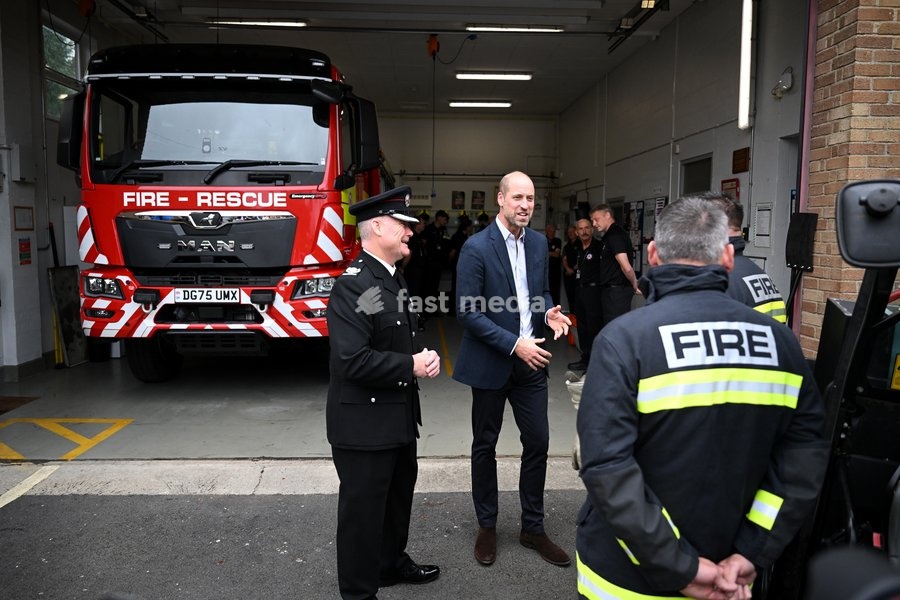 ILMINSTER, ENGLAND - OCTOBER 06: Prince William, Prince of Wales speaks with members of the Devon and Somerset Fire and Rescue Service during his visit to Ilminster Fire Station on October 06, 2026 in Ilminster, England. The Prince of Wales visited Ilminster in Somerset to learn about communities…