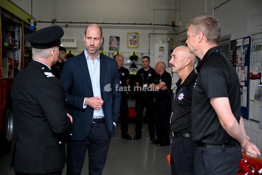 ILMINSTER, ENGLAND - OCTOBER 06: Prince William, Prince of Wales speaks with Chief Fire Officer Simon Young and members of the Devon and Somerset Fire and Rescue Service during his visit to Ilminster Fire Station on October 06, 2026 in Ilminster, England. The Prince of Wales visited Ilminster in…