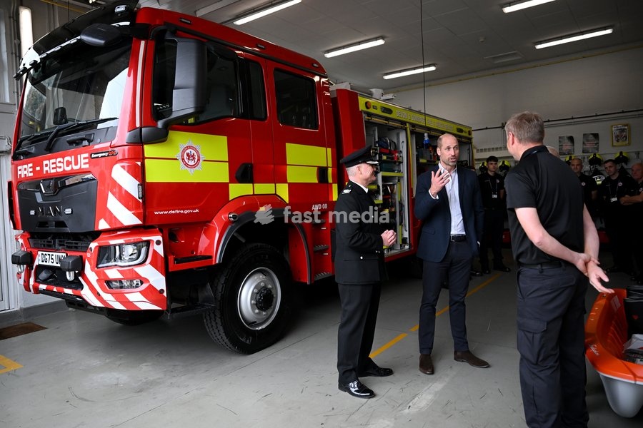 ILMINSTER, ENGLAND - OCTOBER 06: Prince William, Prince of Wales speaks with Chief Fire Officer Simon Young and members of the Devon and Somerset Fire and Rescue Service during his visit to Ilminster Fire Station on October 06, 2026 in Ilminster, England. The Prince of Wales visited Ilminster in…
