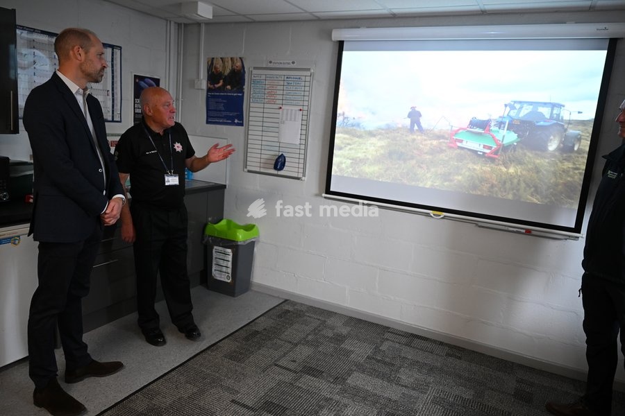 ILMINSTER, ENGLAND - OCTOBER 06: Prince William, Prince of Wales speaks with Ian Donovan the Watch Manager at Devon and Somerset Fire Service during his visit to <<enter engagement here>> on October 06, 2026 in Ilminster, England. The Prince of Wales visited Ilminster in Somerset to learn about…