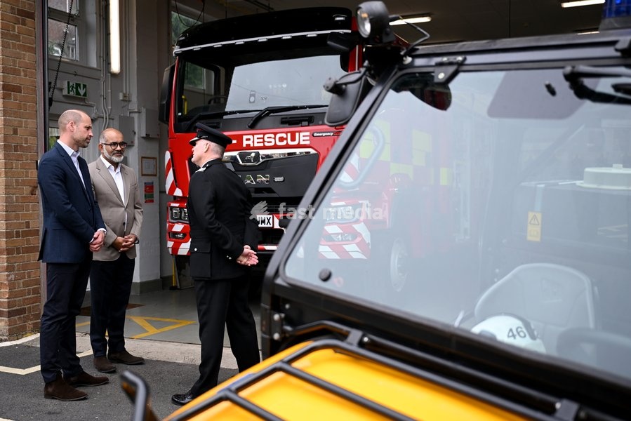 ILMINSTER, ENGLAND - OCTOBER 06: Prince William, Prince of Wales speaks with Mohammed Sadiq the Lord-Lieutenant of Somerset and Chief Fire Officer Simon Young during his visit to Ilminster Fire Station on October 06, 2026 in Ilminster, England. The Prince of Wales visited Ilminster in Somerset to…