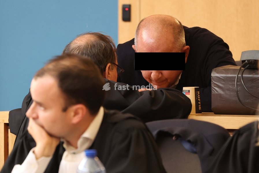 lawyer Jean-Philippe Mayence and the accused Nicolas Ullens de Schooten pictured during the verdict session of the assize trial of Nicolas Ullens de Schooten at the Assize Court of the Brabant Wallon province in Nivelles, Tuesday 6 October 2026. Ullens is accused of killing his step-mother, 70 year…