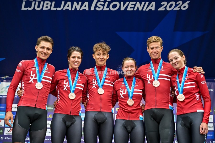 Third placed Team Luxembourg celebrates on the podium of the time trial mixed relay elite race (44,2 km) at the cycling UEC Road European Championships, in Ljubljana, Slovenia Tuesday 6 October 2026. The UEC Road European Championships are taking place from 02 to 07 October in Ljubljana, Slovenia