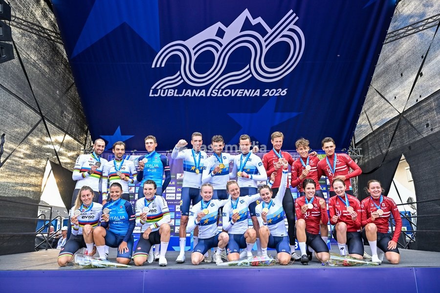 Team Italy, Team France and Team Luxembourg celebrate on the podium of the time trial mixed relay elite race (44,2 km) at the cycling UEC Road European Championships, in Ljubljana, Slovenia Tuesday 6 October 2026. The UEC Road European Championships are taking place from 02 to 07 October in…