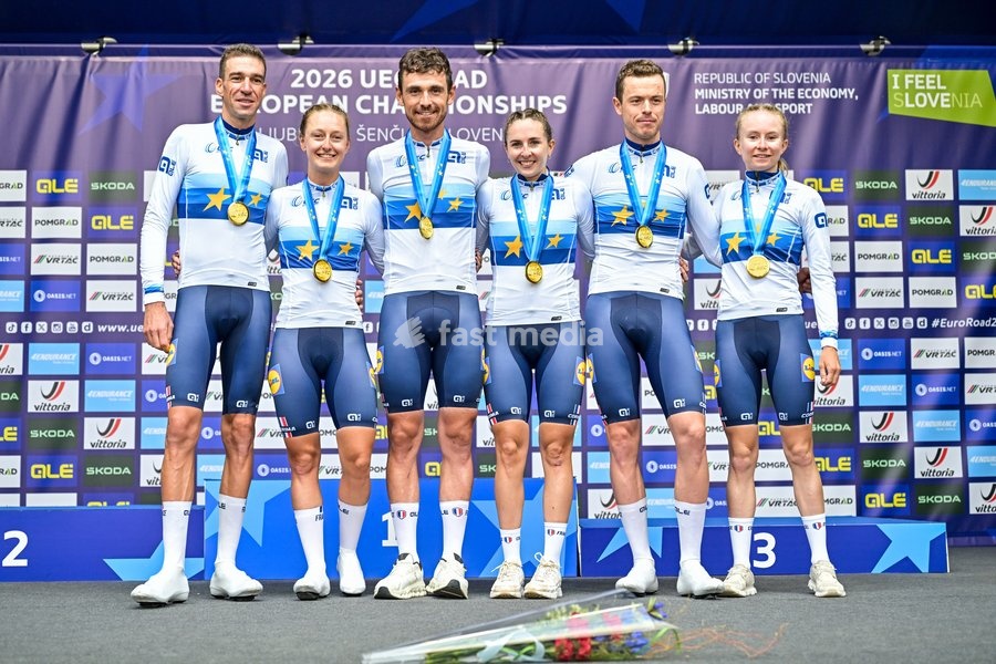 Team France celebrates on the podium after winning the time trial mixed relay elite race (44,2 km) at the cycling UEC Road European Championships, in Ljubljana, Slovenia Tuesday 6 October 2026. The UEC Road European Championships are taking place from 02 to 07 October in Ljubljana, Slovenia