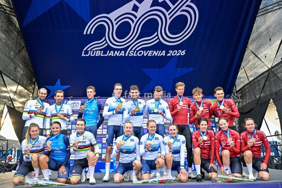Team Italy, Team France and Team Luxembourg celebrate on the podium of the time trial mixed relay elite race (44,2 km) at the cycling UEC Road European Championships, in Ljubljana, Slovenia Tuesday 6 October 2026. The UEC Road European Championships are taking place from 02 to 07 October in…