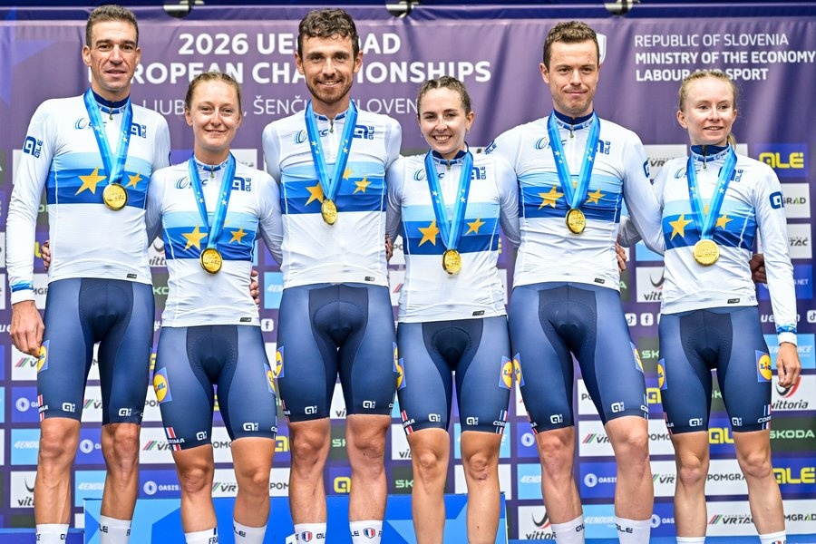 Team France celebrates on the podium after winning the time trial mixed relay elite race (44,2 km) at the cycling UEC Road European Championships, in Ljubljana, Slovenia Tuesday 6 October 2026. The UEC Road European Championships are taking place from 02 to 07 October in Ljubljana, Slovenia