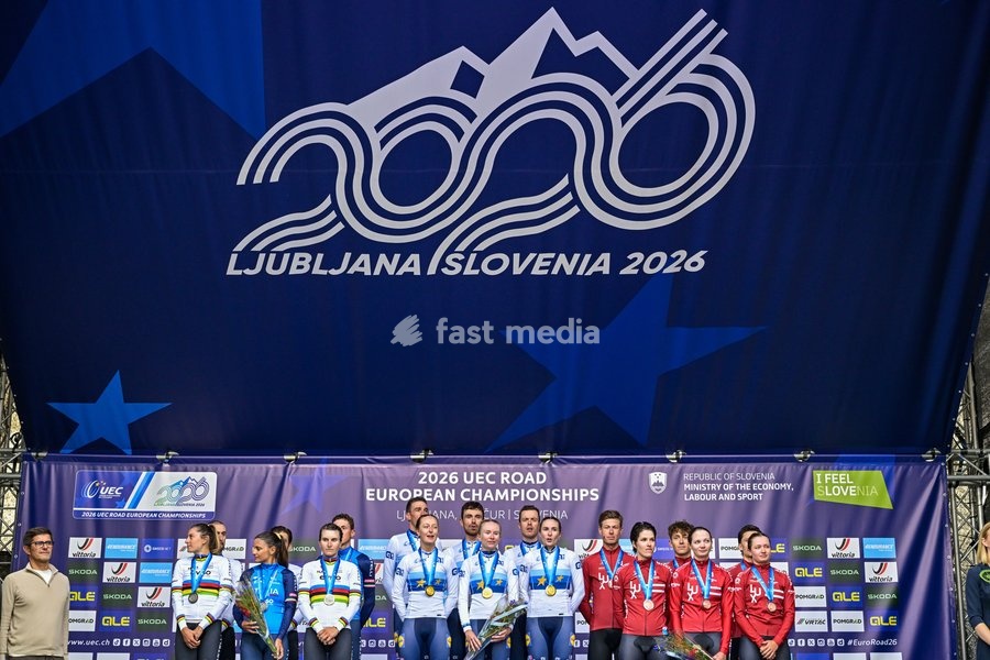 Team Italy, Team France and Team Luxembourg celebrate on the podium of the time trial mixed relay elite race (44,2 km) at the cycling UEC Road European Championships, in Ljubljana, Slovenia Tuesday 6 October 2026. The UEC Road European Championships are taking place from 02 to 07 October in…
