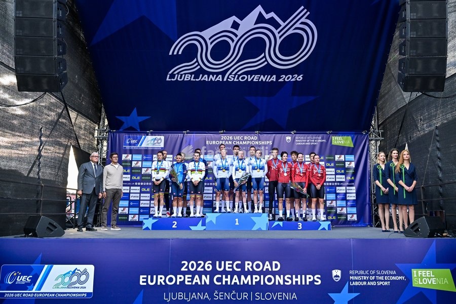 Team Italy, Team France and Team Luxembourg celebrate on the podium of the time trial mixed relay elite race (44,2 km) at the cycling UEC Road European Championships, in Ljubljana, Slovenia Tuesday 6 October 2026. The UEC Road European Championships are taking place from 02 to 07 October in…