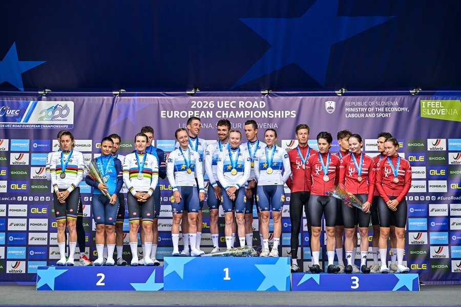 Team Italy, Team France and Team Luxembourg celebrate on the podium of the time trial mixed relay elite race (44,2 km) at the cycling UEC Road European Championships, in Ljubljana, Slovenia Tuesday 6 October 2026. The UEC Road European Championships are taking place from 02 to 07 October in…