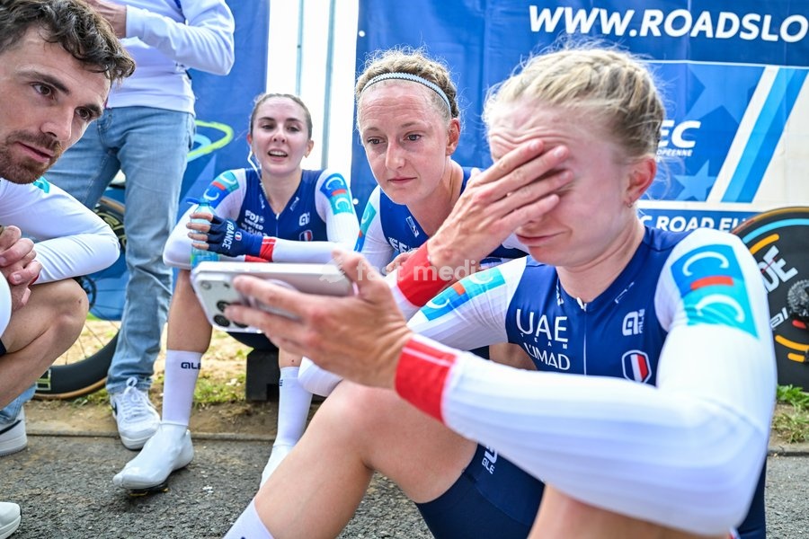 French Juliette Berthet; French Cedrine Kerbaol and French Maeva Squiban pictured after the time trial mixed relay elite race (44,2 km) at the cycling UEC Road European Championships, in Ljubljana, Slovenia Tuesday 6 October 2026. The UEC Road European Championships are taking place from 02 to 07…