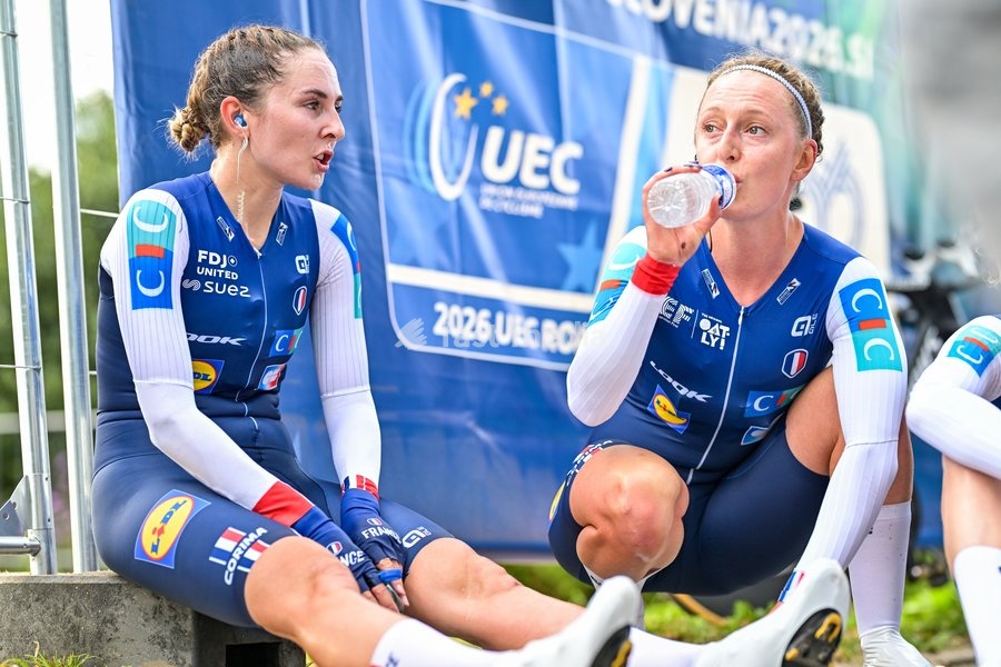 French Juliette Berthet and French Cedrine Kerbaol pictured after the time trial mixed relay elite race (44,2 km) at the cycling UEC Road European Championships, in Ljubljana, Slovenia Tuesday 6 October 2026. The UEC Road European Championships are taking place from 02 to 07 October in Ljubljana,…