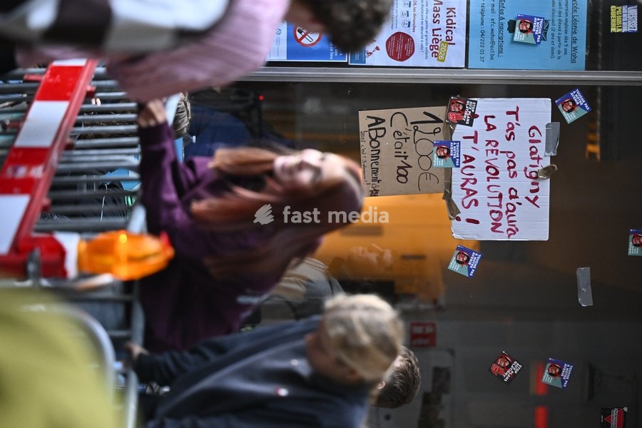 A poster against French-speaking Minister of education Glatigny pictured as students gather outside Leoni de Waha school in Liege city center during a protest against education reforms and budget cuts, on Wednesday 7 October 2026. On Monday police arrested 16 people after the protests turned…