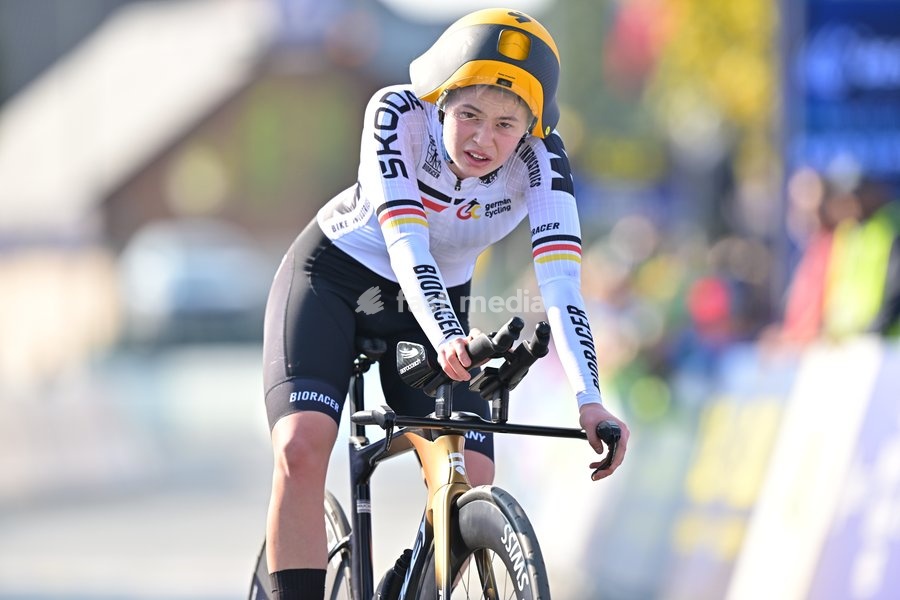 Germany's Edda Bieberle crosses the finish line of the Women Junior Individual Time Trial race (22km) at the cycling UEC Road European Championships, in Ljubljana, Slovenia, on Wednesday 7 October 2026. The UEC Road European Championships are taking place from 02 to 07 October in Ljubljana, Slovenia