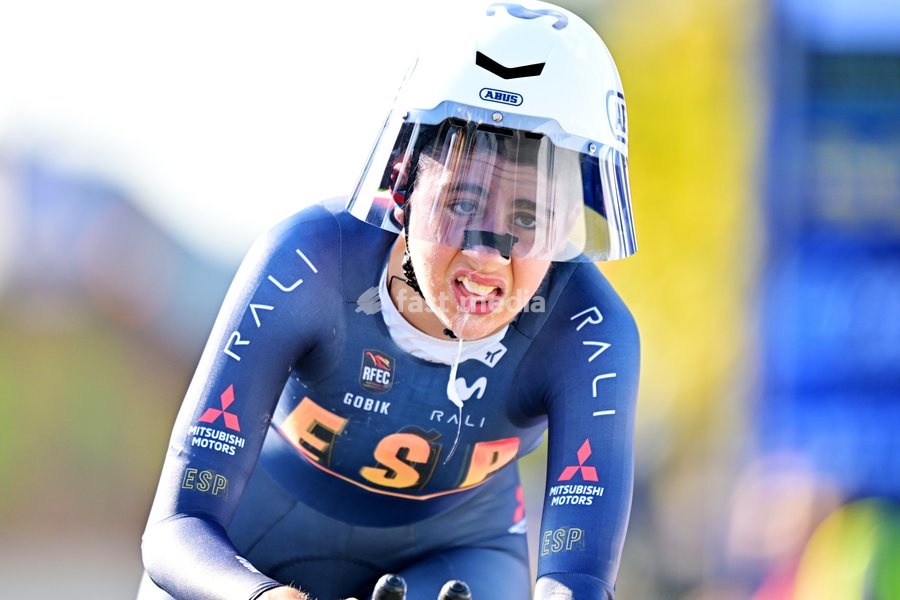 Spain's Alejandra Neira Dominguez crosses the finish line to win the Women Junior Individual Time Trial race (22km) at the cycling UEC Road European Championships, in Ljubljana, Slovenia, on Wednesday 7 October 2026. The UEC Road European Championships are taking place from 02 to 07 October in…