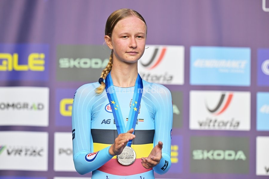 Belgium's Laura Five , winner of the silver medal pictured on the podium of the Women Junior Individual Time Trial race (22km) at the cycling UEC Road European Championships, in Ljubljana, Slovenia, on Wednesday 7 October 2026. The UEC Road European Championships are taking place from 02 to 07…