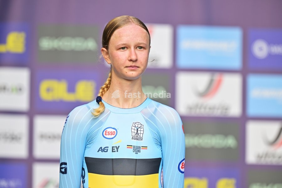 Belgium's Laura Five , winner of the silver medal pictured on the podium of the Women Junior Individual Time Trial race (22km) at the cycling UEC Road European Championships, in Ljubljana, Slovenia, on Wednesday 7 October 2026. The UEC Road European Championships are taking place from 02 to 07…