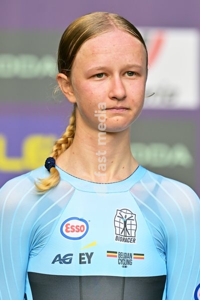 Belgium's Laura Five , winner of the silver medal pictured on the podium of the Women Junior Individual Time Trial race (22km) at the cycling UEC Road European Championships, in Ljubljana, Slovenia, on Wednesday 7 October 2026. The UEC Road European Championships are taking place from 02 to 07…