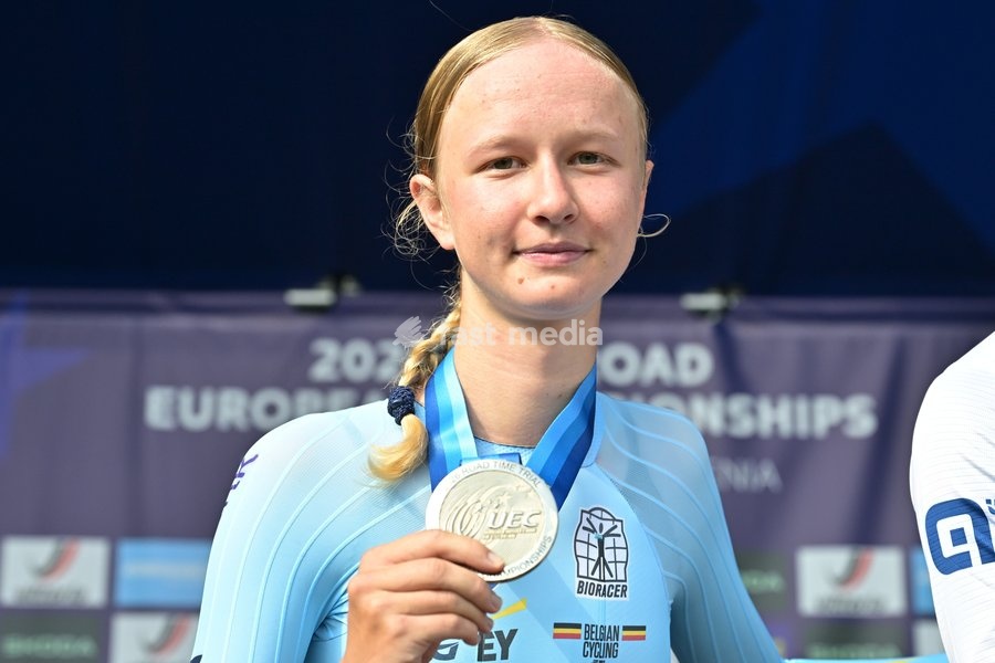 Belgium's Laura Five , winner of the silver medal pictured on the podium of the Women Junior Individual Time Trial race (22km) at the cycling UEC Road European Championships, in Ljubljana, Slovenia, on Wednesday 7 October 2026. The UEC Road European Championships are taking place from 02 to 07…