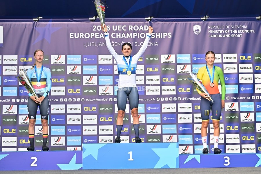 Belgium's Laura Five; Spain's Alejandra Neira Dominguez and Lithuania's Auguste Mikutyte celebrate on the podium of the Women Junior Individual Time Trial race (22km) at the cycling UEC Road European Championships, in Ljubljana, Slovenia, on Wednesday 7 October 2026. The UEC Road European…
