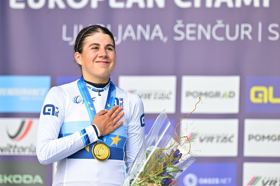 Spain's Alejandra Neira Dominguez celebrates on the podium after winning the Women Junior Individual Time Trial race (22km) at the cycling UEC Road European Championships, in Ljubljana, Slovenia, on Wednesday 7 October 2026. The UEC Road European Championships are taking place from 02 to 07 October…