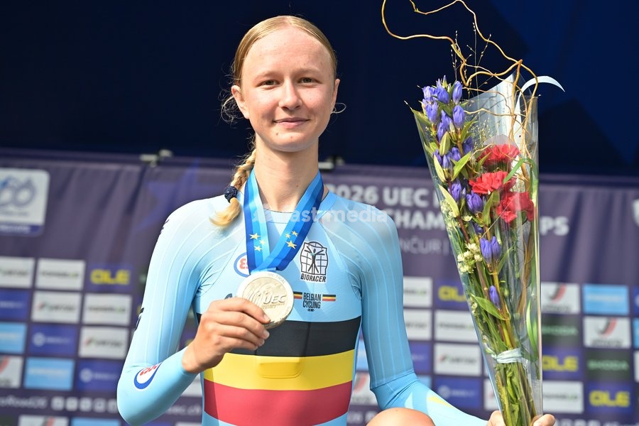 Belgium's Laura Five , winner of the silver medal pictured on the podium of the Women Junior Individual Time Trial race (22km) at the cycling UEC Road European Championships, in Ljubljana, Slovenia, on Wednesday 7 October 2026. The UEC Road European Championships are taking place from 02 to 07…
