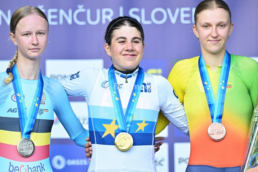 Belgium's Laura Five; Spain's Alejandra Neira Dominguez and Lithuania's Auguste Mikutyte celebrate on the podium of the Women Junior Individual Time Trial race (22km) at the cycling UEC Road European Championships, in Ljubljana, Slovenia, on Wednesday 7 October 2026. The UEC Road European…