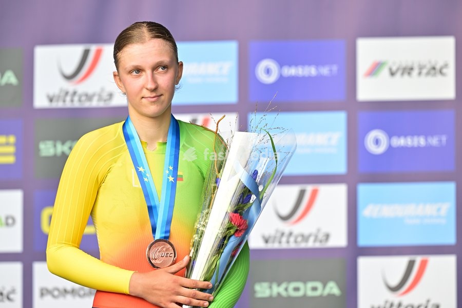 Lithuania's Auguste Mikutyte, winner of the bronze medal pictured on the podium of the Women Junior Individual Time Trial race (22km) at the cycling UEC Road European Championships, in Ljubljana, Slovenia, on Wednesday 7 October 2026. The UEC Road European Championships are taking place from 02 to…