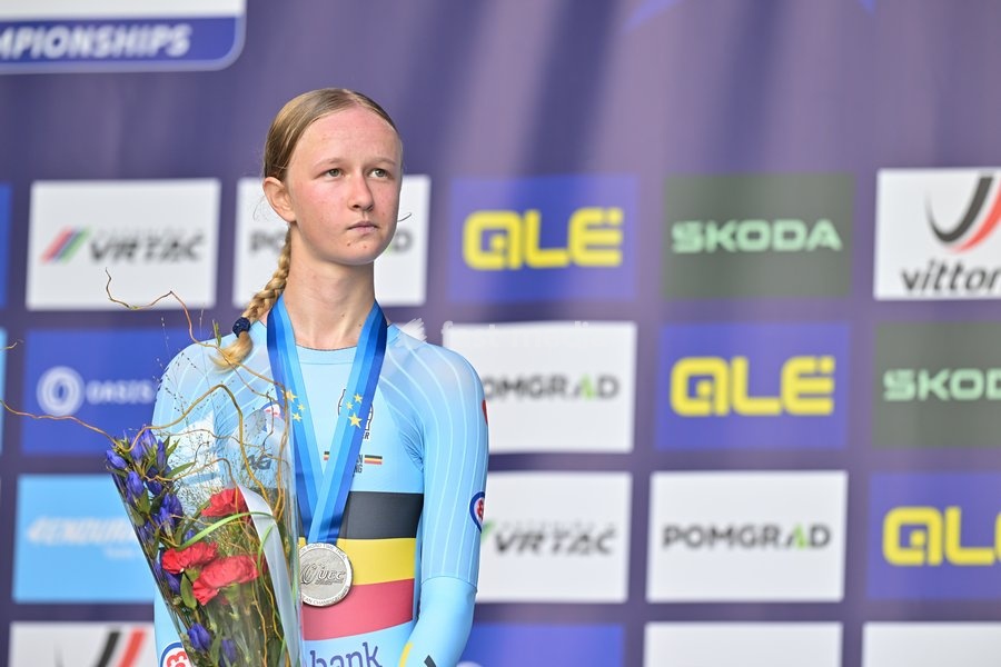 Belgium's Laura Five , winner of the silver medal pictured on the podium of the Women Junior Individual Time Trial race (22km) at the cycling UEC Road European Championships, in Ljubljana, Slovenia, on Wednesday 7 October 2026. The UEC Road European Championships are taking place from 02 to 07…
