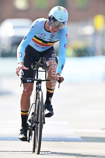 Belgium's Vic De Smet crosses the finish line of the Men Junior Individual Time Trial race (22km) at the cycling UEC Road European Championships, in Ljubljana, Slovenia, on Wednesday 7 October 2026. The UEC Road European Championships are taking place from 02 to 07 October in Ljubljana, Slovenia