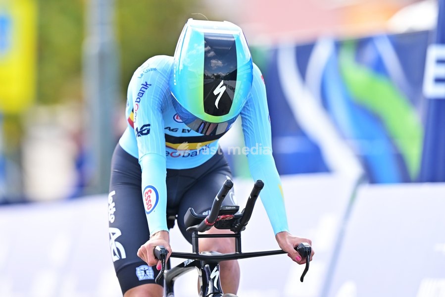 Belgium's Emma Siegers crosses the finish line of the Women U23 Individual Time Trial race (22km) at the cycling UEC Road European Championships, in Ljubljana, Slovenia, on Wednesday 7 October 2026. The UEC Road European Championships are taking place from 02 to 07 October in Ljubljana, Slovenia