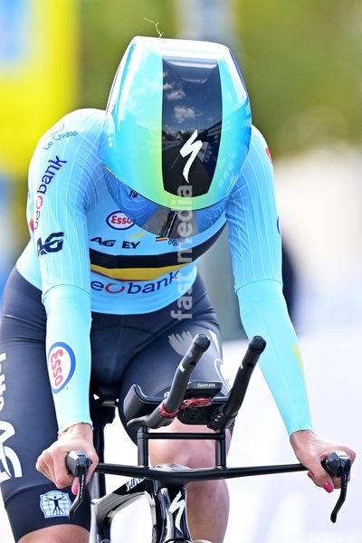 Belgium's Emma Siegers crosses the finish line of the Women U23 Individual Time Trial race (22km) at the cycling UEC Road European Championships, in Ljubljana, Slovenia, on Wednesday 7 October 2026. The UEC Road European Championships are taking place from 02 to 07 October in Ljubljana, Slovenia