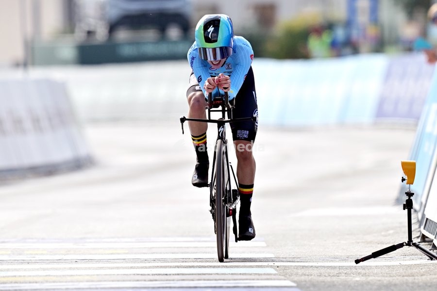 Belgium's Emma Siegers crosses the finish line of the Women U23 Individual Time Trial race (22km) at the cycling UEC Road European Championships, in Ljubljana, Slovenia, on Wednesday 7 October 2026. The UEC Road European Championships are taking place from 02 to 07 October in Ljubljana, Slovenia