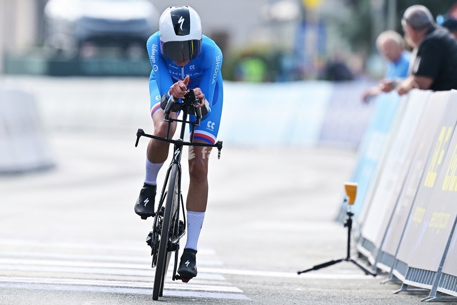 Czech Republic's Julia Kopecky crosses the finish line of the Women U23 Individual Time Trial race (22km) at the cycling UEC Road European Championships, in Ljubljana, Slovenia, on Wednesday 7 October 2026. The UEC Road European Championships are taking place from 02 to 07 October in Ljubljana,…