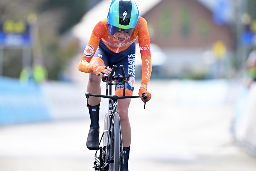 Netherlands' Megan Arens crosses the finish line of the Women U23 Individual Time Trial race (22km) at the cycling UEC Road European Championships, in Ljubljana, Slovenia, on Wednesday 7 October 2026. The UEC Road European Championships are taking place from 02 to 07 October in Ljubljana, Slovenia