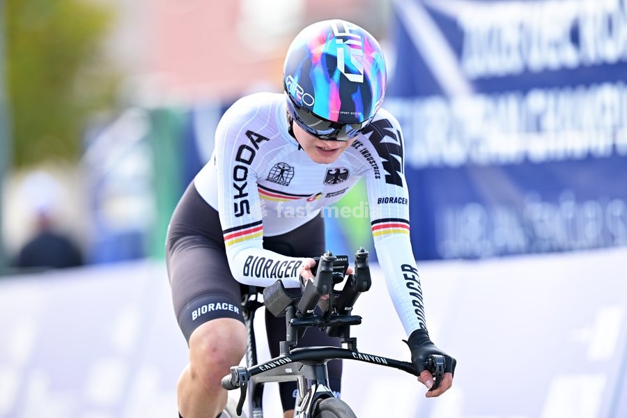Germany's Justyna Czapla crosses the finish line of the Women U23 Individual Time Trial race (22km) at the cycling UEC Road European Championships, in Ljubljana, Slovenia, on Wednesday 7 October 2026. The UEC Road European Championships are taking place from 02 to 07 October in Ljubljana, Slovenia