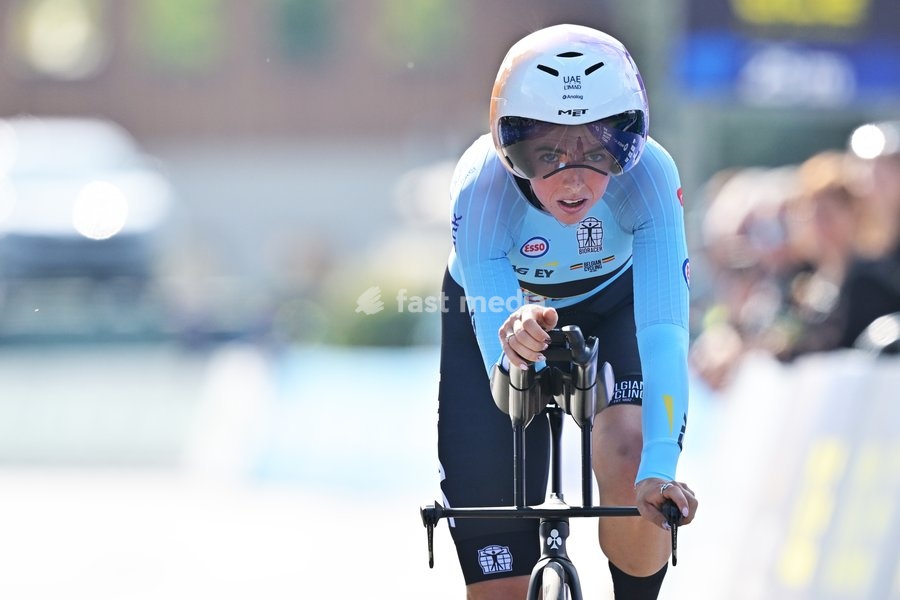 Belgium's Febe Jooris crosses the finish line of the Women U23 Individual Time Trial race (22km) at the cycling UEC Road European Championships, in Ljubljana, Slovenia, on Wednesday 7 October 2026. The UEC Road European Championships are taking place from 02 to 07 October in Ljubljana, Slovenia