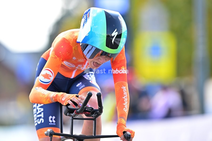 Netherlands' Megan Arens crosses the finish line of the Women U23 Individual Time Trial race (22km) at the cycling UEC Road European Championships, in Ljubljana, Slovenia, on Wednesday 7 October 2026. The UEC Road European Championships are taking place from 02 to 07 October in Ljubljana, Slovenia