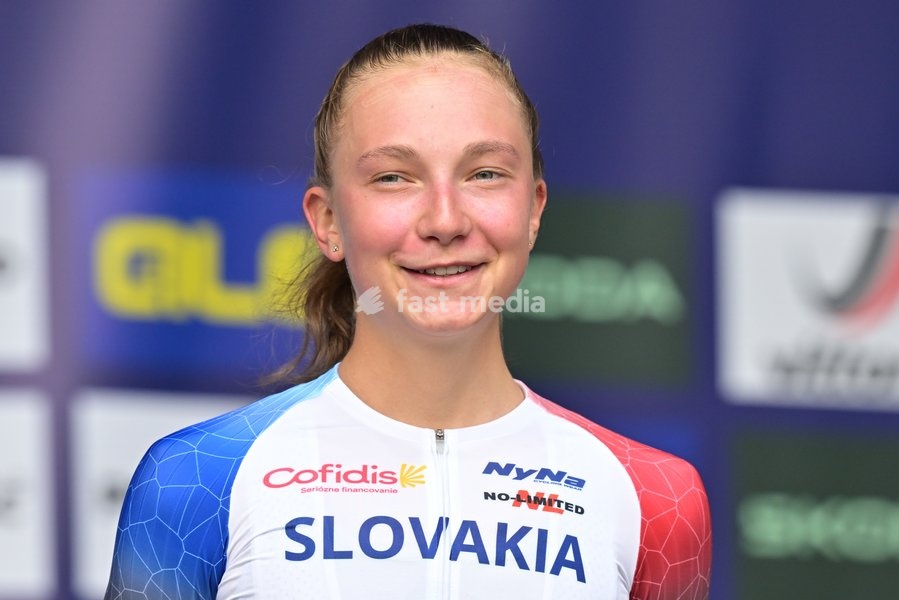 Slovakia's Viktoria Chladonova , winner of the bronze medal pictured on the podium of the Women U23 Individual Time Trial race (22km) at the cycling UEC Road European Championships, in Ljubljana, Slovenia, on Wednesday 7 October 2026. The UEC Road European Championships are taking place from 02 to…