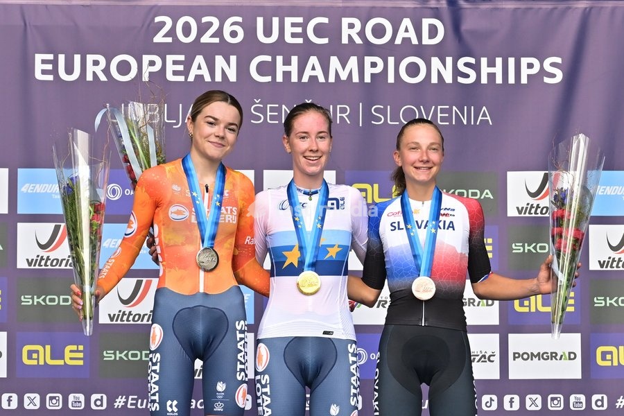 Netherlands' Megan Arens; Netherlands' Nienke Vinke and Slovakia's Viktoria Chladonova celebrate on the podium of the Women U23 Individual Time Trial race (22km) at the cycling UEC Road European Championships, in Ljubljana, Slovenia, on Wednesday 7 October 2026. The UEC Road European Championships…