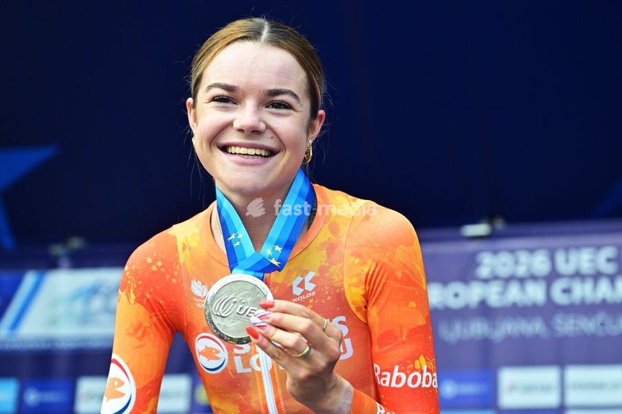 Netherlands' Megan Arens , winner of the silver medal celebrates on the podium of the Women U23 Individual Time Trial race (22km) at the cycling UEC Road European Championships, in Ljubljana, Slovenia, on Wednesday 7 October 2026. The UEC Road European Championships are taking place from 02 to 07…