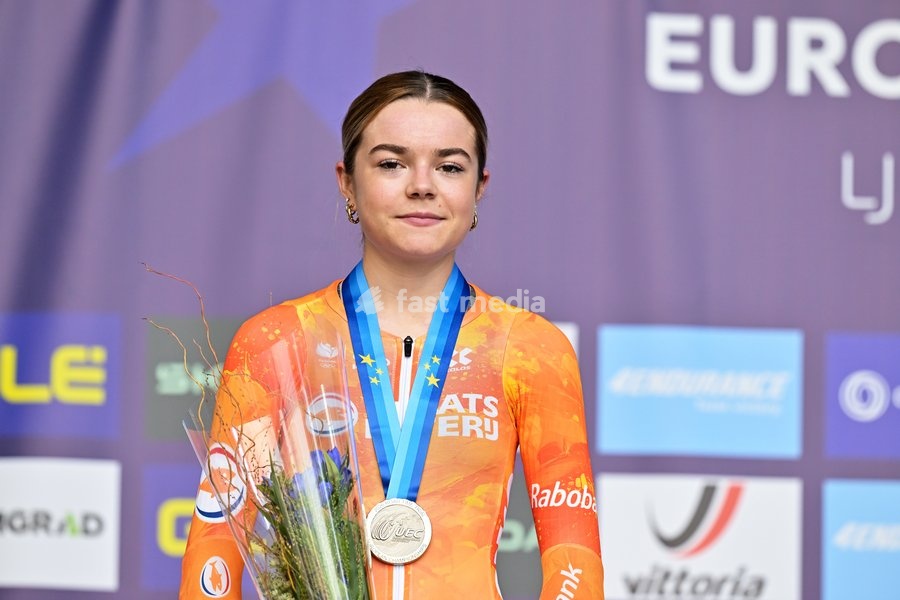 Netherlands' Megan Arens , winner of the silver medal celebrates on the podium of the Women U23 Individual Time Trial race (22km) at the cycling UEC Road European Championships, in Ljubljana, Slovenia, on Wednesday 7 October 2026. The UEC Road European Championships are taking place from 02 to 07…