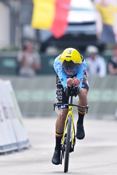 Belgium's Matisse Van Kerckhove crosses the finish line of the Men U23 Individual Time Trial race (22km) at the cycling UEC Road European Championships, in Ljubljana, Slovenia, on Wednesday 7 October 2026. The UEC Road European Championships are taking place from 02 to 07 October in Ljubljana,…