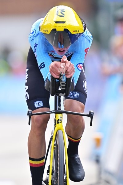 Belgium's Matisse Van Kerckhove crosses the finish line of the Men U23 Individual Time Trial race (22km) at the cycling UEC Road European Championships, in Ljubljana, Slovenia, on Wednesday 7 October 2026. The UEC Road European Championships are taking place from 02 to 07 October in Ljubljana,…